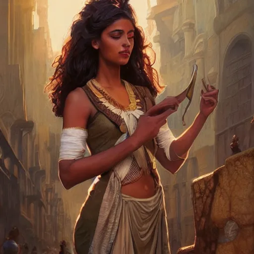 Prompt: A seductive twenty year old Mesopotamian witch in training, fully clothed, brown skinned, in a major Mesopotamian city, portrait, highly detailed, digital painting, artstation, concept art, sharp focus, illustration, cinematic lighting, art by artgerm and greg rutkowski and alphonse mucha