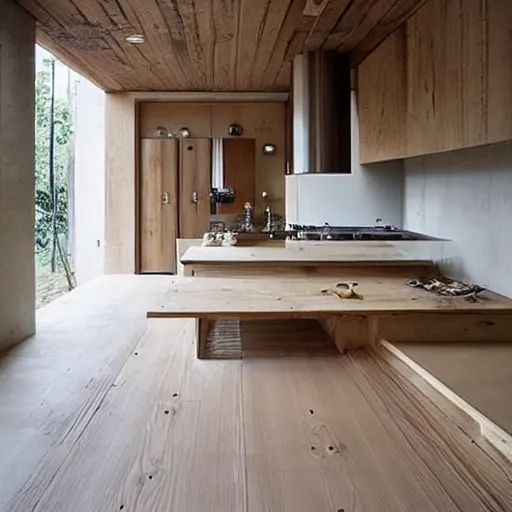 Image similar to “extravagant luxury modern rustic kitchen interior design, by Tadao Ando and Koichi Takada, Japanese and Scandinavian design, flowers, wooden floor”