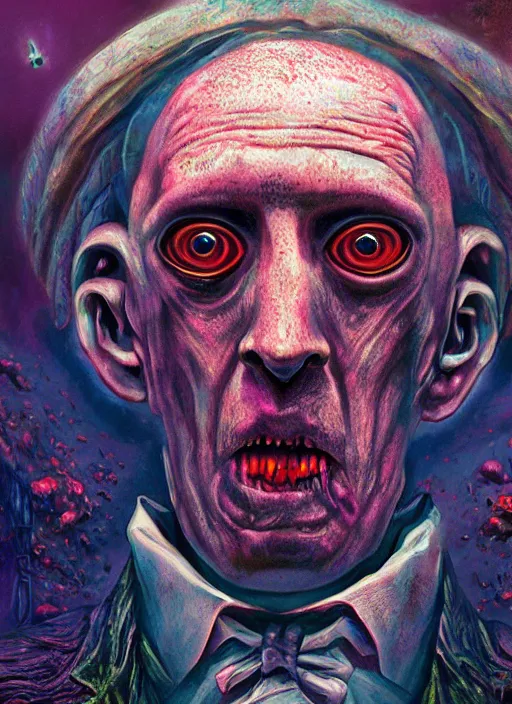 Prompt: horror by h. p. lovecraft, surrealistic digital art, pulp sci fi magazine cover, retro, detail, oil on canvas, wet oil, colorful matte illustration, digital art, artstation, houdini rendering