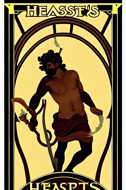 Prompt: art nouveau poster. hephaestus at the forge