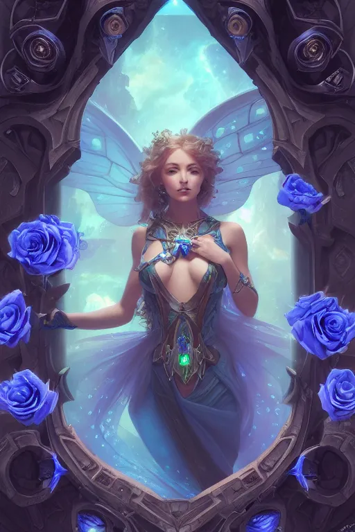 Prompt: butterfly cybernetic glows still photo, on blue roses background, d & d, fantasy, no human, intricate, elegant, highly detailed, digital painting, artstation, concept art, matte, sharp focus, 4 k, bottom view, illustration, hearthstone, art by artgerm and greg rutkowski and alphonse mucha