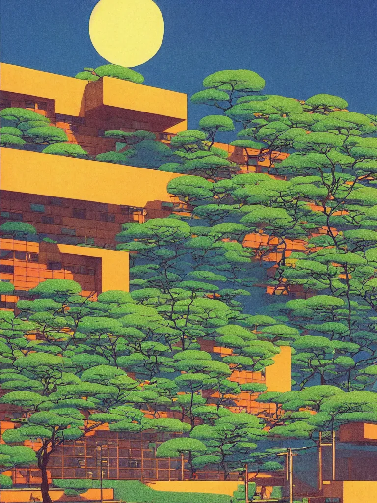 Prompt: a psychedelic hallucination of a brutalist hotel in the springtime blossom mountains, by kawase hasui, moebius, edward hopper, colorful flat surreal design, dramatic lighting, hd, 8 k, artstation