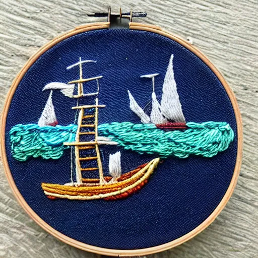 Image similar to a tiny beautiful handmade embroidery of a pirate ship on the ocean. hand embroidery.