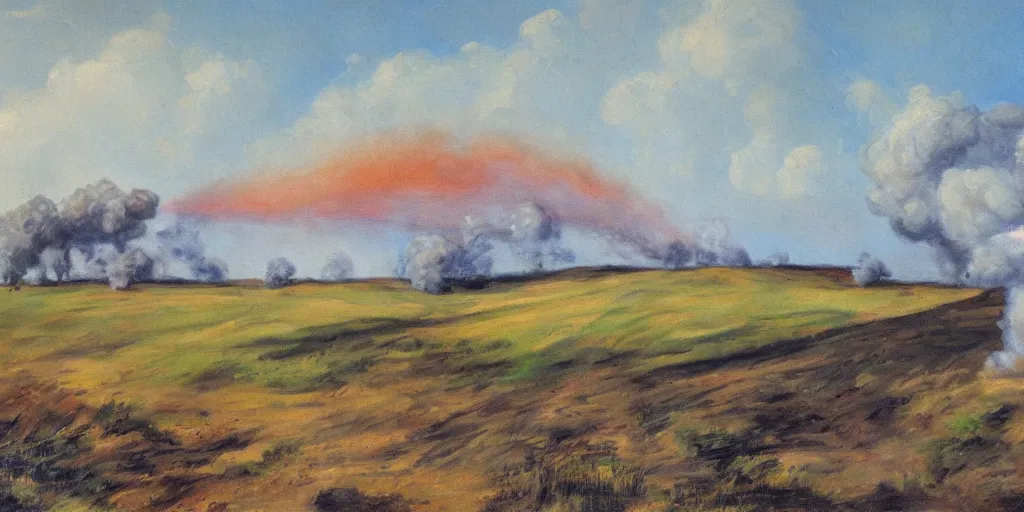 Prompt: an eastern front battlefield landscape, summertime, shell craters, distant smoke column on the horizon, oil painting in the style of peredvizhniki