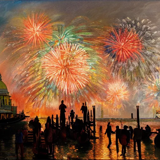 Image similar to an oil painting of fireworks, with happy people in venice