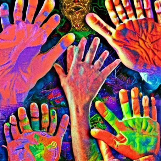 Prompt: a collage of hands and feet, dmt trip