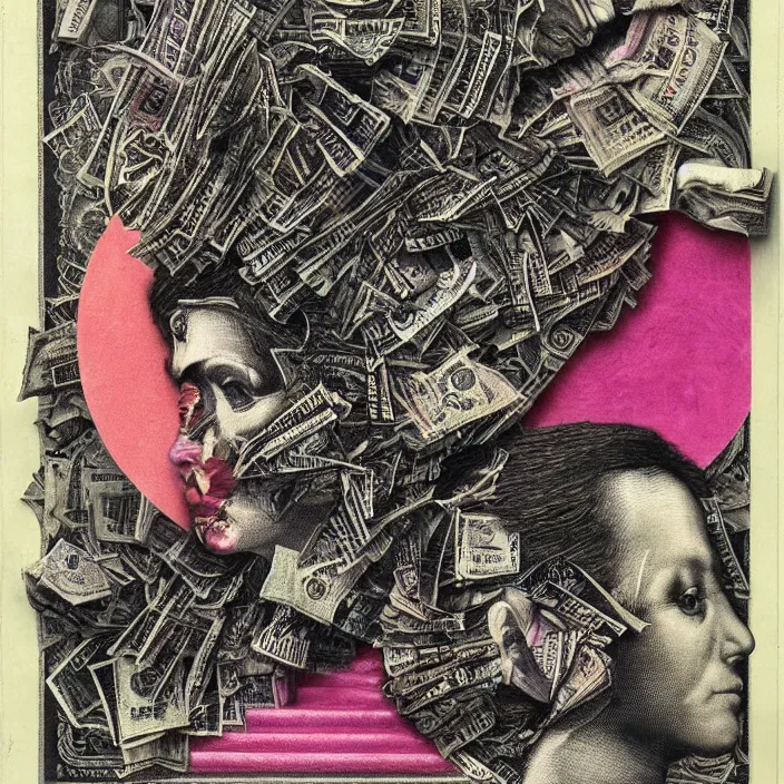 Image similar to post - punk new age album cover, asymmetrical design, dollar bank notes, capitalism, magic, apocalypse, psychedelic, black white pink, highly detailed, magic, giger h. r., giuseppe arcimboldo