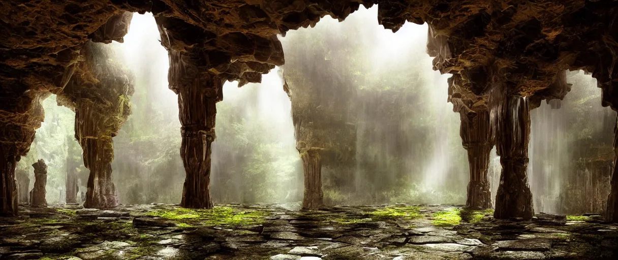 Image similar to a fantasy elven hall interior in the style of a waterfall cave, huge Greek columns, wet floors, high ceiling, dark moody lighting, foggy atmosphere, bright colors, photo by Denis Villeneuve, low angle view