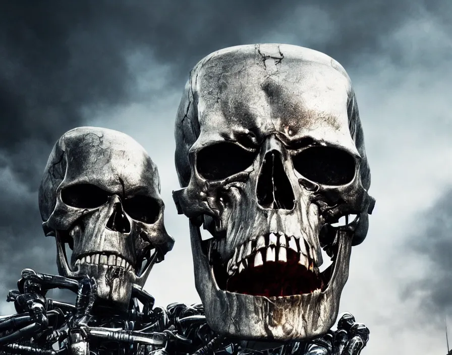 Image similar to terminator skull, realistic metal skull, realistic metal, beautiful texture, beautiful graphics, fantasy artwork, very beautiful scenery, hd, hdr, ue 5, ue 6, unreal engine 5, cinematic 4 k wallpaper, 8 k, ultra detailed