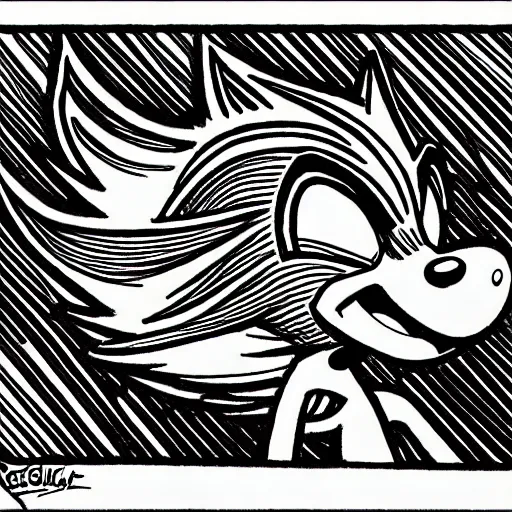 Image similar to low angle shot of Sonic the Hedghehog, ink drawing by Robert Crumb, intricate, elegant, highly detailed, centered, digital painting, artstation, concept art, smooth