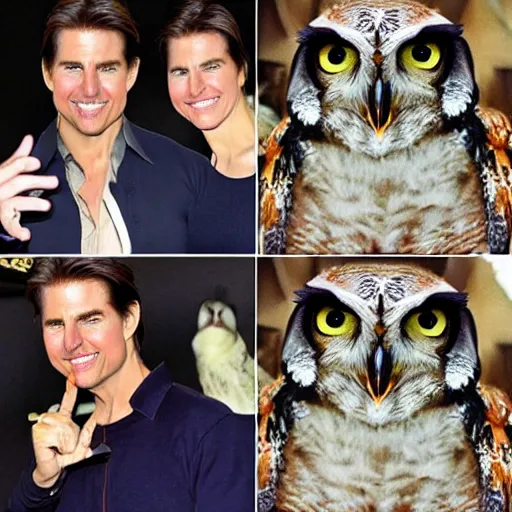 Image similar to meme with tom cruise about colorful owls