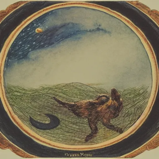 Image similar to night sky, stars, crescent talking moon smiling prominently in the center, surrounded by clouds, landscape, illustrated by peggy fortnum and beatrix potter and sir john tenniel