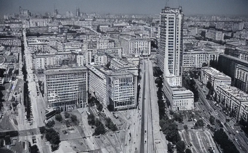 Prompt: high quality 2000s historic footage of soviet boulevard with stanilist style high rise and pedestrians, aerial photo drone, Cinestill 800t movie still, heavy grainy picture, very detailed, high quality, 4k panoramic