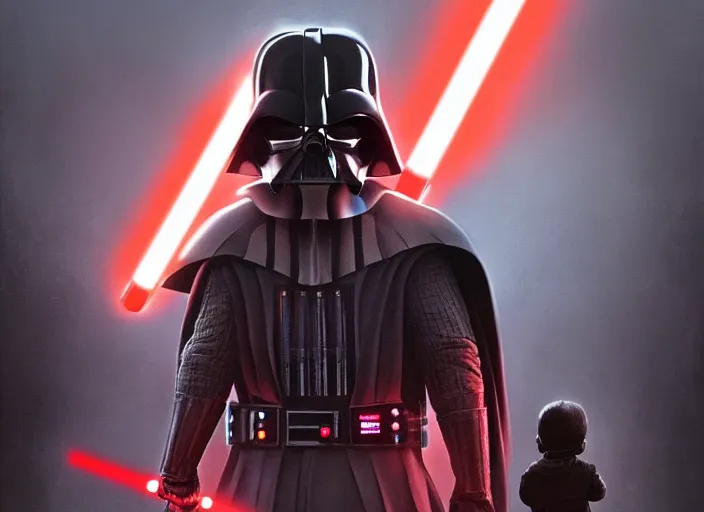 Image similar to a dramatic highly detailed render of darth vader with red lightsaber drawn facing a cute toddler with its back to the camera, futuristic star wars vibe, by WLOP and Artgerm and Greg Rutkowski and Alphonse Mucha, Beautiful dynamic dramatic dark moody lighting, shadows, cinematic atmosphere, Artstation, concept design art, Octane render, 8K, masterpiece, sharp focus, hyperrealistic