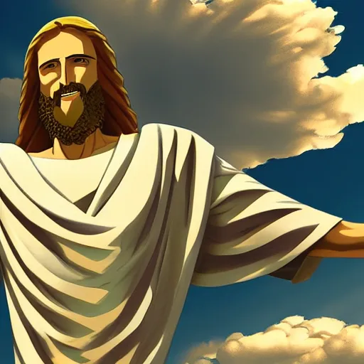 Image similar to Christ the Redeemer smiling, animation, anime, cartoon, concept art