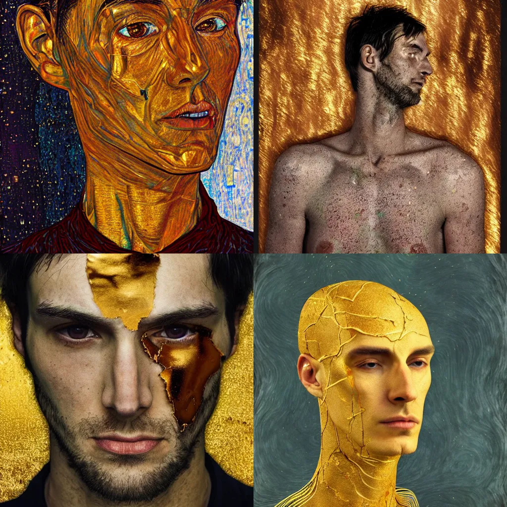 Prompt: a tall, slender 30 year old man with golden cracks and scars on his face and chest, sci-fi, full-body shot, digital art, klimt, kintsugi, sharp-jaw, long brown hair