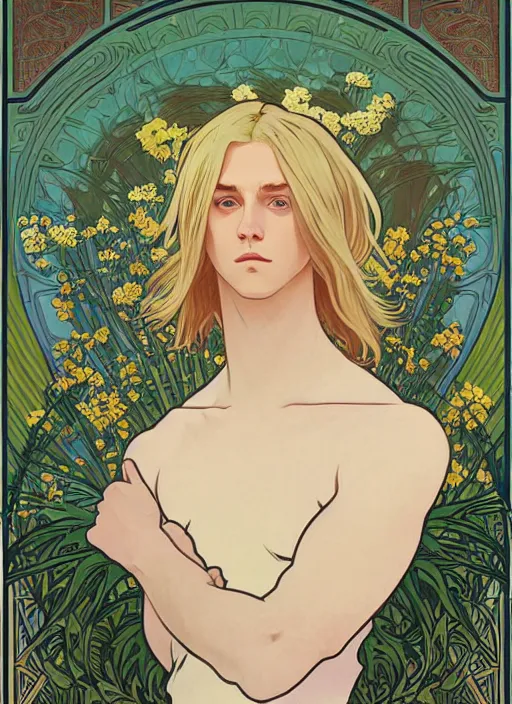 Image similar to book cover, pretty young man with shoulder length blond hair, male, half body shot, flower pattern background, path traced, highly detailed, high quality, digital painting, by studio ghibli and alphonse mucha, leesha hannigan, hidari, art nouveau, chiho aoshima, jules bastien - lepage