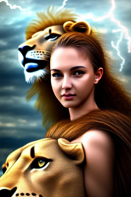 Image similar to girl riding on a lion, 2 0 year old girl, extremely detailed, high quality, 4 k, cinematic, dramatic lightning, photo realistic, beautiful face, highly detailed face
