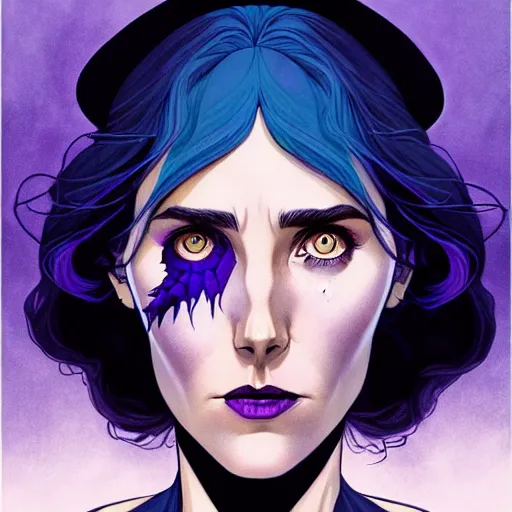 Image similar to in the style of Joshua Middleton comic art, beautiful witch spooky female, Jennifer Connelly, blue and purple glowing hair, perfect eyes perfect symmetrical eyes, symmetrical face, black magic, dark forest background, painterly style