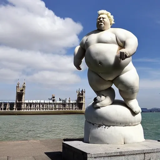 Image similar to a marble sculpture of a giant corpulent boris johnson standing astride the british isles on fire