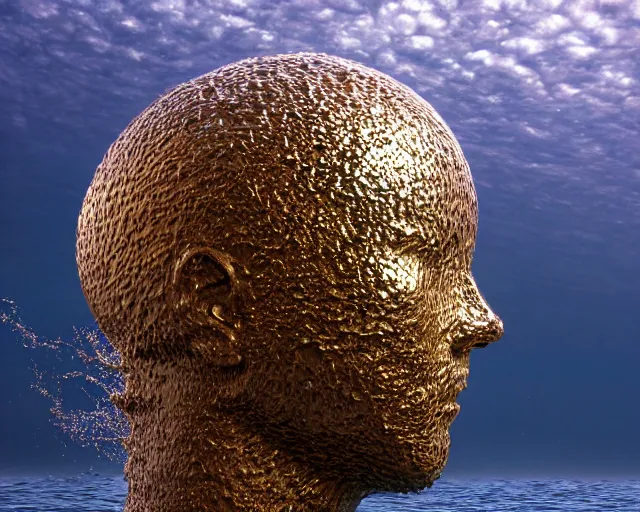 Prompt: a giant human head metal and glass creative sculpture on the surface of the ocean, in the style of chad knight, hyper detailed, hyper realistic, ray tracing, 8 k resolution, sharp focus, award winning