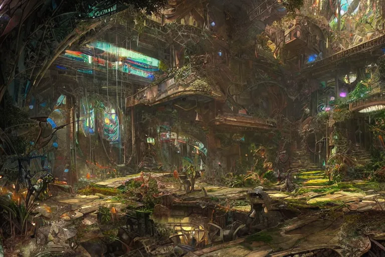 Image similar to a triangular portal structure built out of scrap and crystals in an overgrown temple, bright cyberpunk glow, epic surrealism, Detailed digital matte painting in the style of raymond swanland and Chie Yoshii artstation