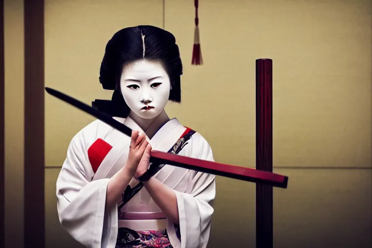 Prompt: beautiful photo of a young modern geisha samurai practising the sword in a traditional japanese temple, mid action swing, symmetrical face, beautiful eyes, huge oversized sword, award winning photo, muted pastels, action photography, 1 / 1 2 5 shutter speed, dramatic lighting, anime set style