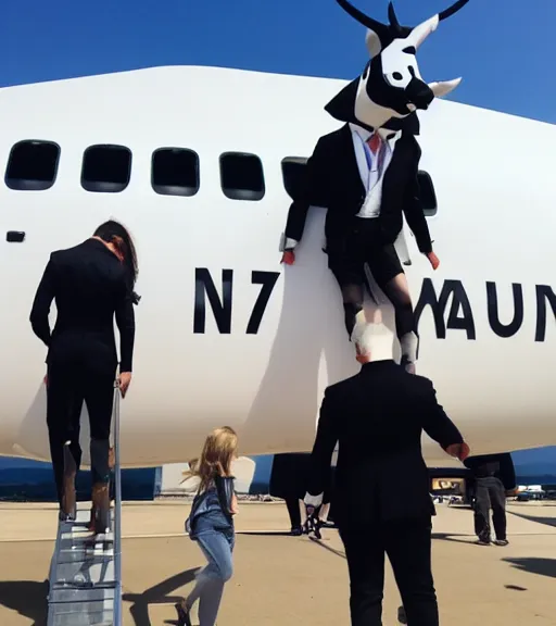 Prompt: modern day dressed up holstein minotaur boarding an airplane