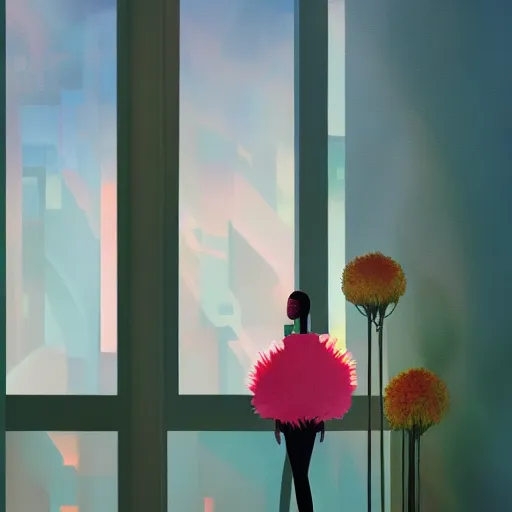 Image similar to closeup, giant flower head, woman next to modern windows, luxury apartment, surreal photography, dramatic light, impressionist painting, digital painting, artstation, james gilleard