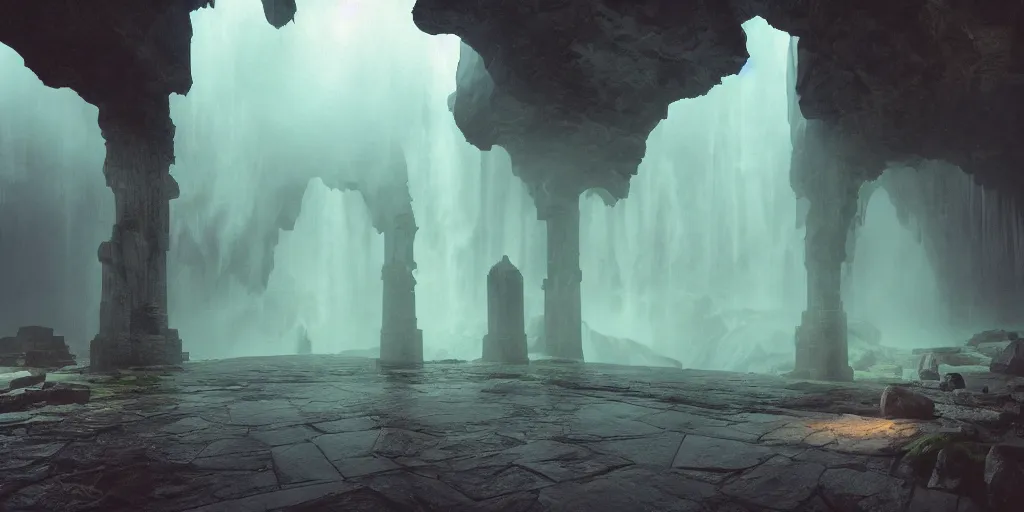 Prompt: a fantasy elven hall interior in the style of a waterfall cave, huge Greek columns, wet floors, high ceiling, dark moody lighting, foggy atmosphere, bright colors, photo by Denis Villeneuve, low angle view
