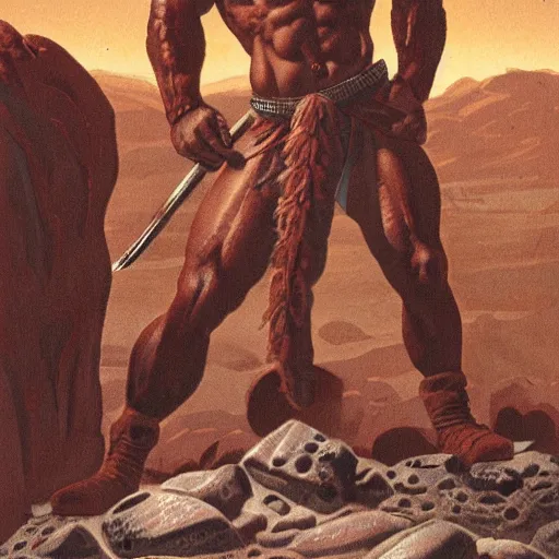 Prompt: muscular barbarian on mars, standing on boulder, science fiction pulp illustration