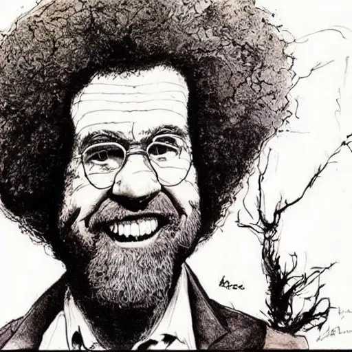 Prompt: bob ross in a portrait, drawn in ink by ralph steadman