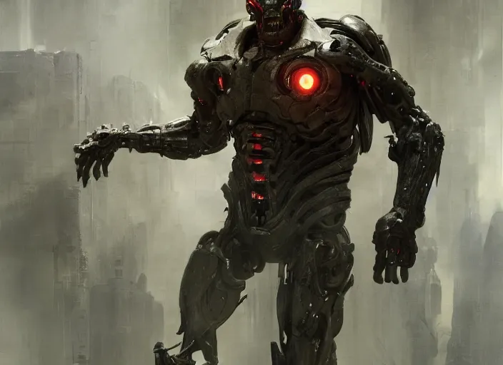 Image similar to willem dafoe as victor stone, full body concept, cyborg, borg, strogg, face of a man, terminator, flesh, quake strogg, doom demon, wolfenstein, monstrous, powerful, symmetry, symmetrical, concept art by ruan jia and greg rutkowski