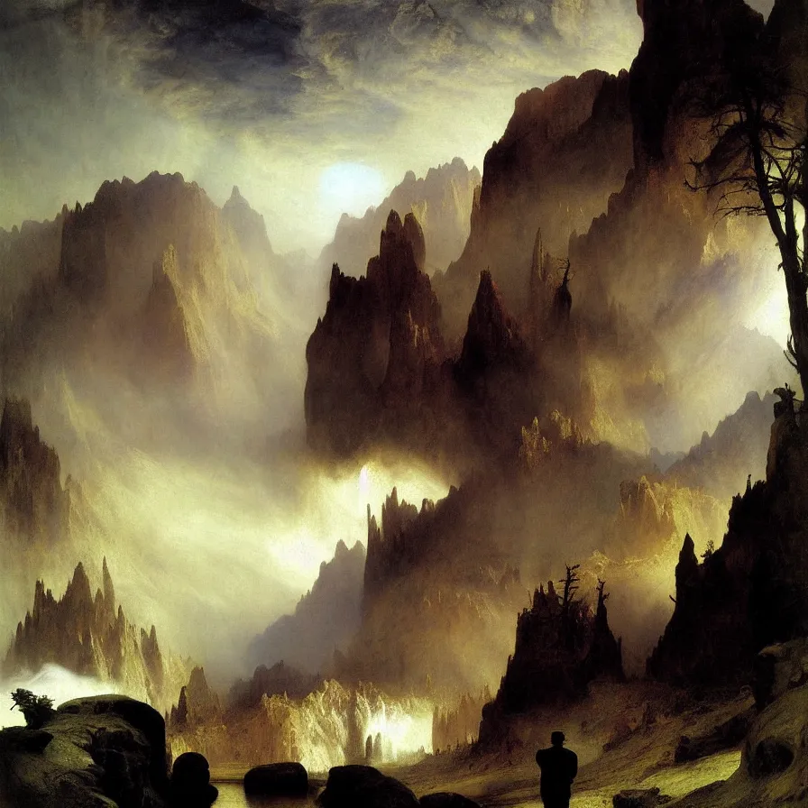 Prompt: artwork about being the last human on earth, painted by thomas moran and albert bierstadt. monochrome color scheme.