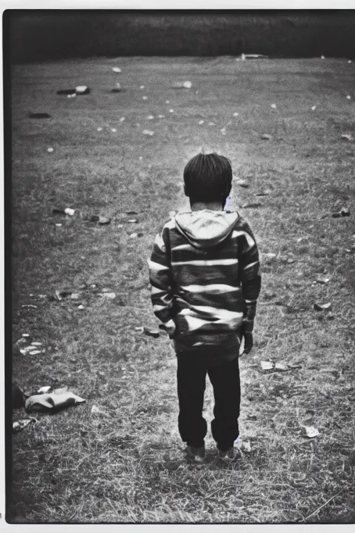 Image similar to photo polaroid of a sad and lonely child stands in the middle many tents of field hospitals, pandemic, covid,loneliness, black and white ,photorealistic, 35mm film,