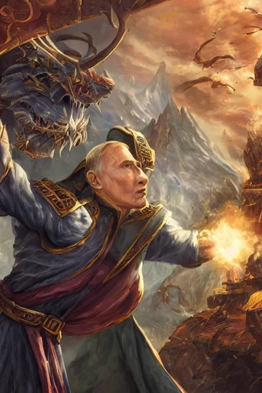 Prompt: a photo showing a magic the gathering card in it's full glory, depicting vladimir putin as a wizzard, 8 k, ultra realistic,