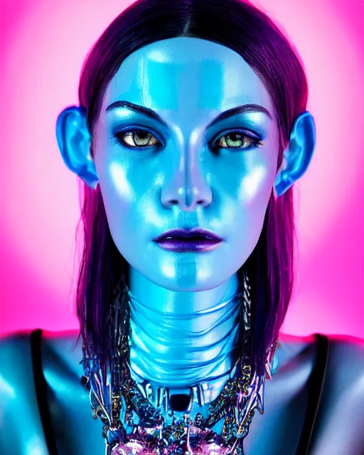 Image similar to natural light, soft focus portrait of an androgynous android with soft synthetic pink skin, blue bioluminescent plastics, smooth shiny metal, elaborate diamond ornate head piece, piercings, face tattoo, skin textures, by annie liebovotz, paul lehr,