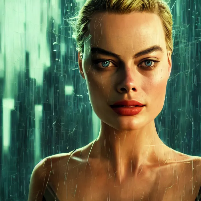 Image similar to portrait of Margot Robbie in The Matrix 2000. intricate abstract. intricate artwork. by Tooth Wu, wlop, beeple, dan mumford. octane render, trending on artstation, greg rutkowski very coherent symmetrical artwork. cinematic, hyper realism, high detail, octane render, 8k, iridescent accents