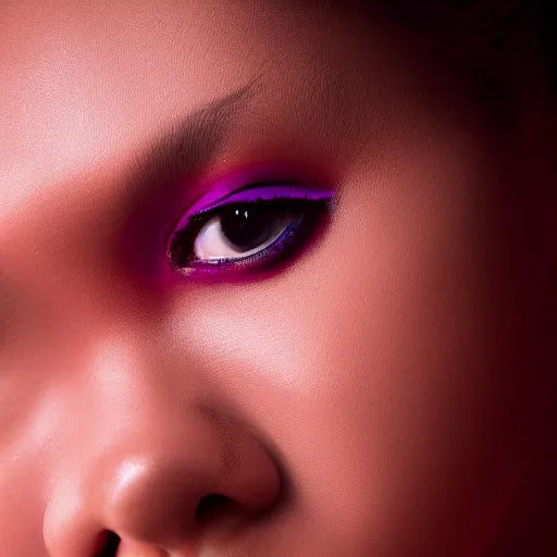 Prompt: a photo of slim girl, 2 0 yo, close - up, high detail, studio, smoke, sharp, red violet light, 8 5 mm sigma art lens