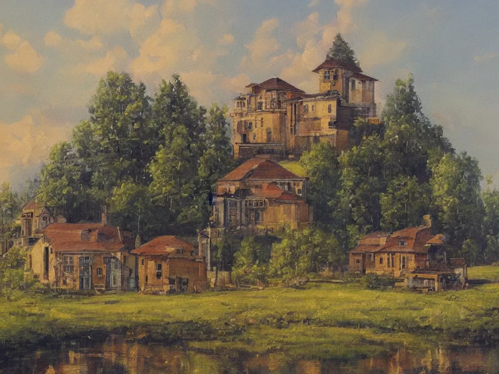 Prompt: A beautiful painting of a building in a serene landscape, magic realism