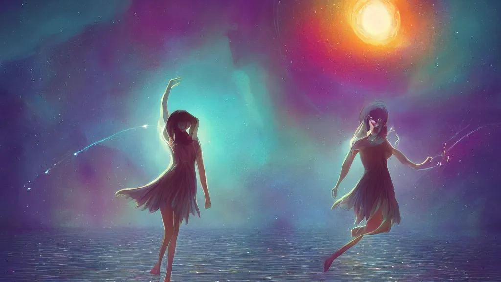 Image similar to a beautiful whimsical woman standing in a lake basking in the moonlight, underneath a multi-colored binary blackhole with an accretion disc, glowing trails following her arm, by Lois van Baarle, by Greg Rutkowski, by artgerm, by beeple, by studio ghibli, rule of thirds, cinematic angle, volumetric lighting, 4k resolution, octane render, trending on artstation, masterpiece