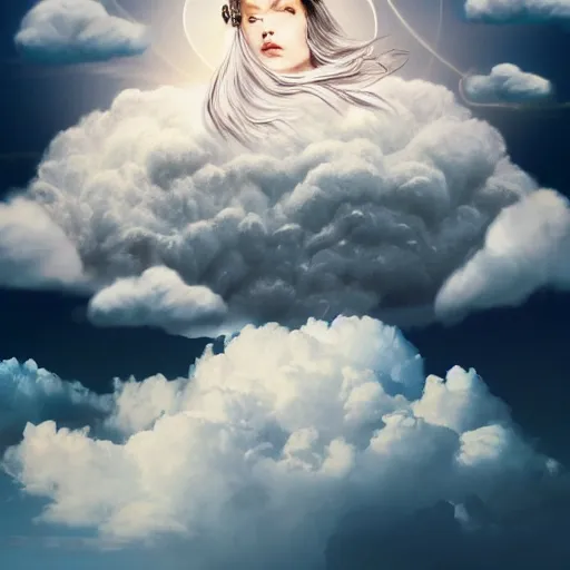 Prompt: goddess wearing a cloud fashion on the clouds, photoshop, colossal, creative, giant, digital art, photo manipulation, clouds, covered in clouds, girl clouds, on clouds, covered by clouds, a plane flying on the sky, digital painting, artstation