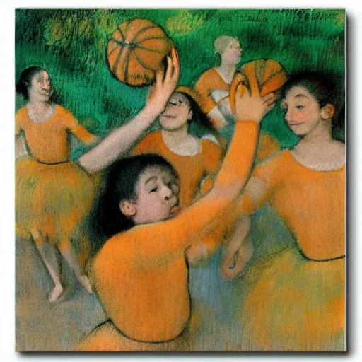 Image similar to mangoes playing basketball in the style of degas