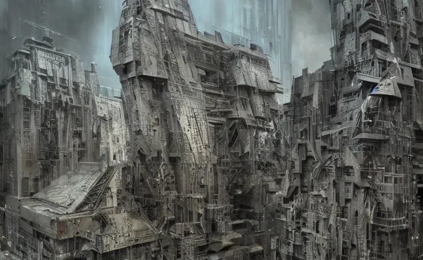 Prompt: Brutalist architecture buildings, hyperrealistic mixed media, stunning 3d render inspired art by P. Craig Russell and Barry Windsor-Smith + perfect facial symmetry + dim volumetric lighting, 8k octane beautifully detailed render, post-processing, extremely hyperdetailed, intricate futuristic mechanic parts, epic composition, grim yet sparkling atmosphere, cinematic lighting + masterpiece, trending on artstation