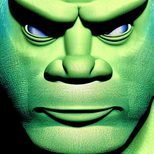 Image similar to closeup portrait of an ethereal shrek made of blue light, divine, cyberspace, mysterious, dark high-contrast concept art