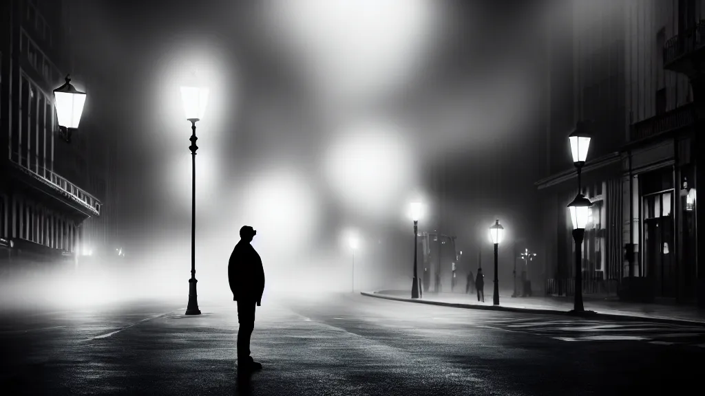 Image similar to a man is standing on the street under the lights, fog, volumetric lighting, mystique, atmospheric, sharp focus, ultra detailed, noir art house, 4 k, cinematic, 3 5 mm