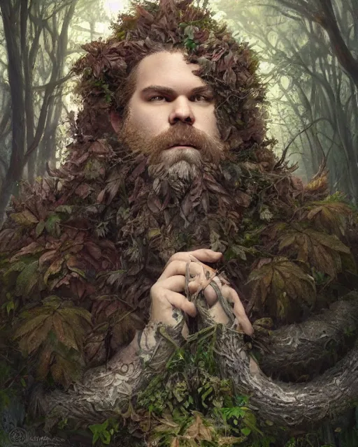 Prompt: patrick rothfuss as a forest druid with ram horns and leaves in his beard, dreamy and ethereal, fantasy, intricate, elegant, highly detailed, digital painting, artstation, concept art, smooth, sharp focus, illustration, art by artgerm and greg rutkowski and donato giancola