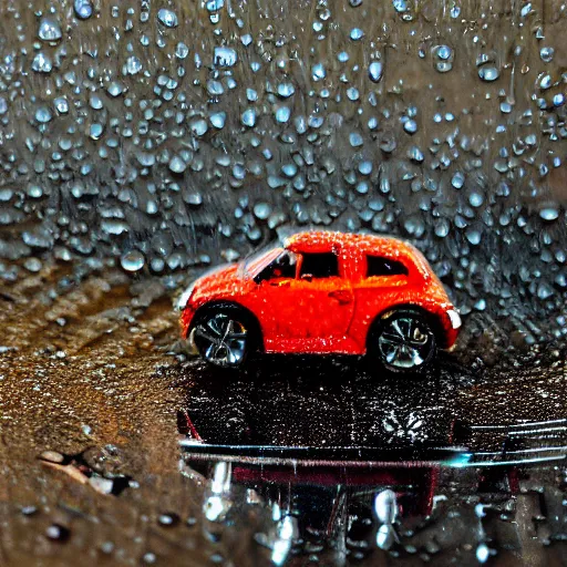 Image similar to macro photography of a hot wheels car driving through a puddle in the rain, 3 5 mm