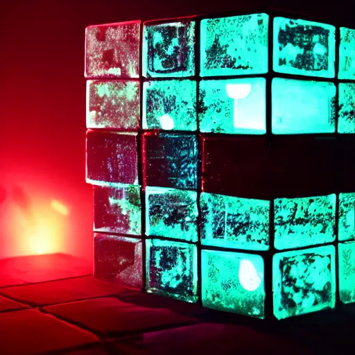 Image similar to glowing translucent cube in las pozas, cyberpunk, dark room, science fiction magazine, cut out collage, 4 k close up, wide angle