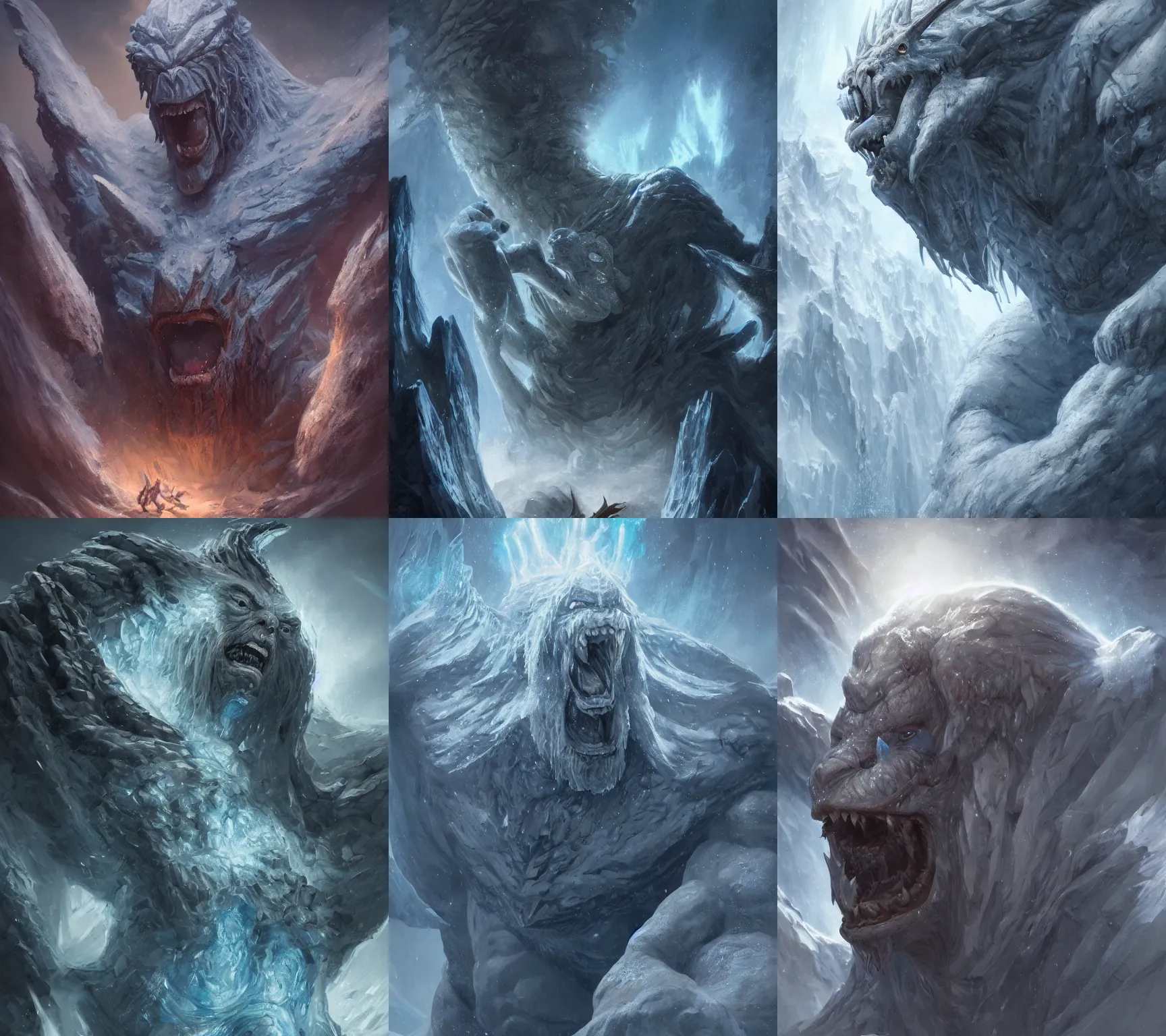 Prompt: A massive celestial giant monster god, ice, tundra, frozen, detailed face and body, dungeons and dragons, magic the gathering, by Mateusz Ozminski, Alejandro Olmedo art, Diego Gisbert Llorens, Greg Rutkowski, amazing detail, low angle, masterpiece, cinematic, dramatic, dramatic lighting